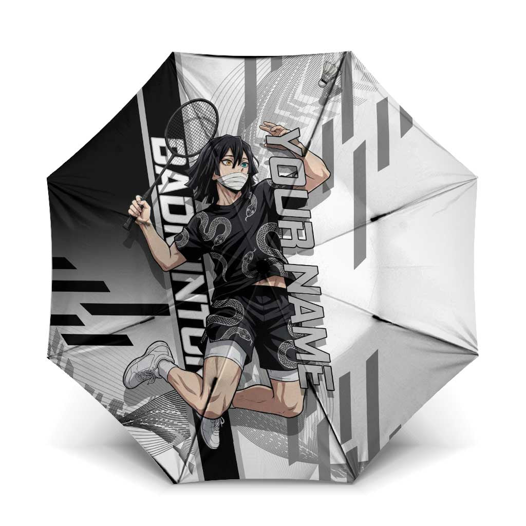 Personalized Obanai Iguro Demon Slayer Badminton Umbrella with Racket Action Pose and Black White Graphic Design - The Mazicc