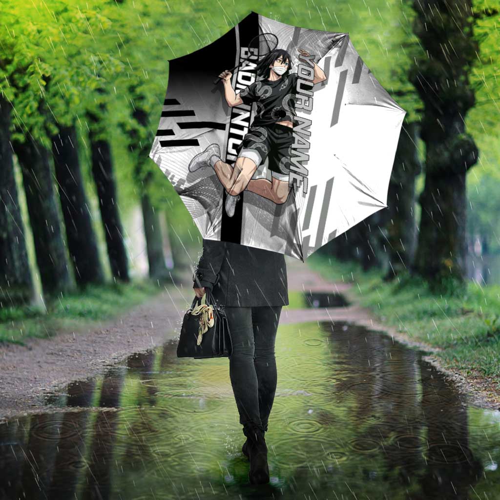 Personalized Obanai Iguro Demon Slayer Badminton Umbrella with Racket Action Pose and Black White Graphic Design - The Mazicc