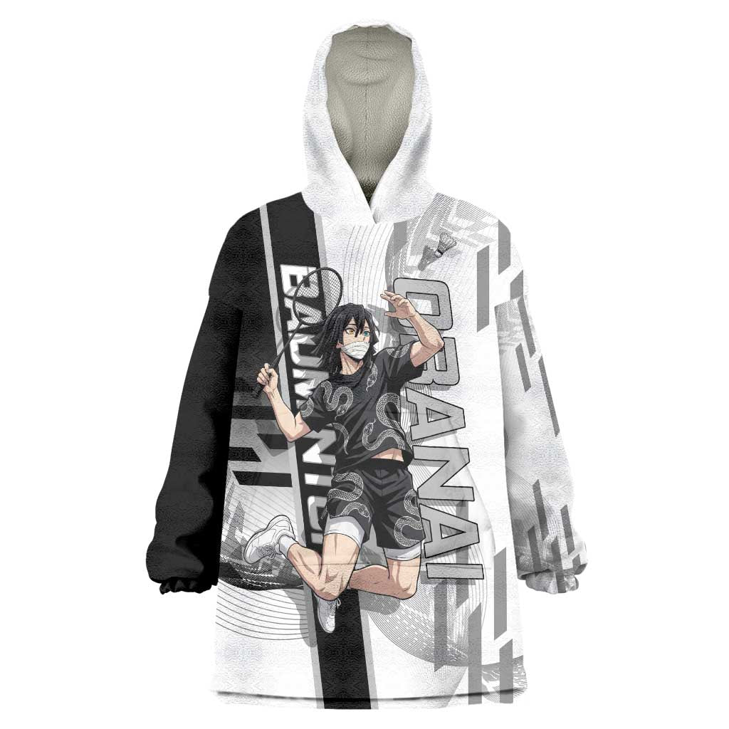 Personalized Obanai Iguro Demon Slayer Badminton Wearable Blanket Hoodie with Racket Action Pose and Black White Graphic Design - The Mazicc