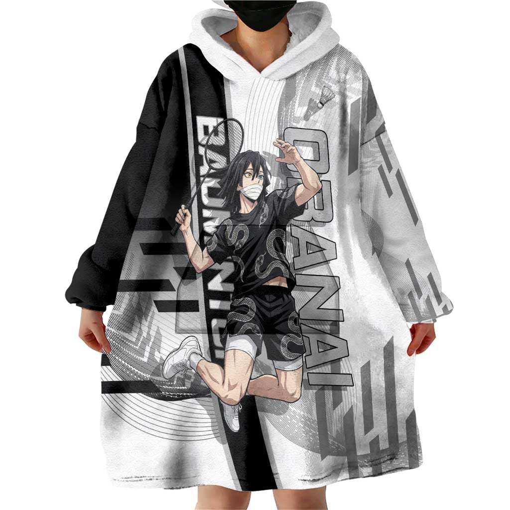 Personalized Obanai Iguro Demon Slayer Badminton Wearable Blanket Hoodie with Racket Action Pose and Black White Graphic Design - The Mazicc