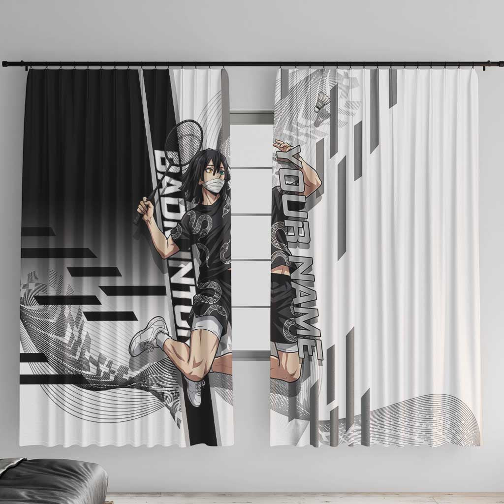 Personalized Obanai Iguro Demon Slayer Badminton Window Curtain with Racket Action Pose and Black White Graphic Design - The Mazicc