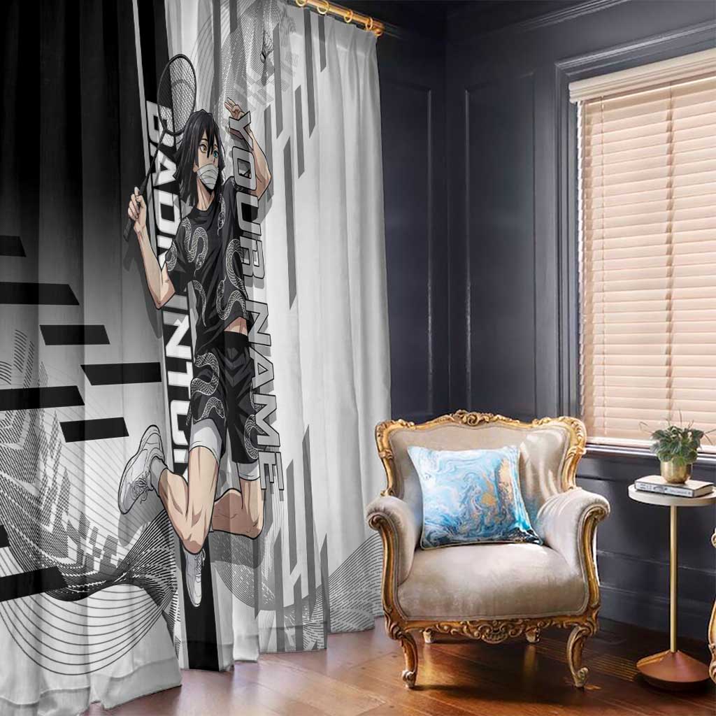 Personalized Obanai Iguro Demon Slayer Badminton Window Curtain with Racket Action Pose and Black White Graphic Design - The Mazicc