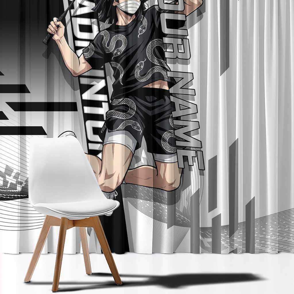Personalized Obanai Iguro Demon Slayer Badminton Window Curtain with Racket Action Pose and Black White Graphic Design - The Mazicc