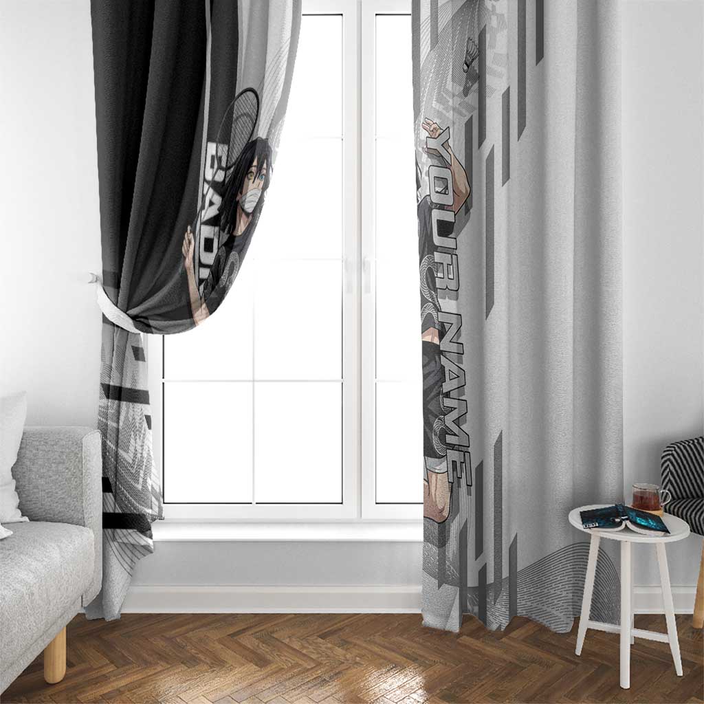 Personalized Obanai Iguro Demon Slayer Badminton Window Curtain with Racket Action Pose and Black White Graphic Design - The Mazicc