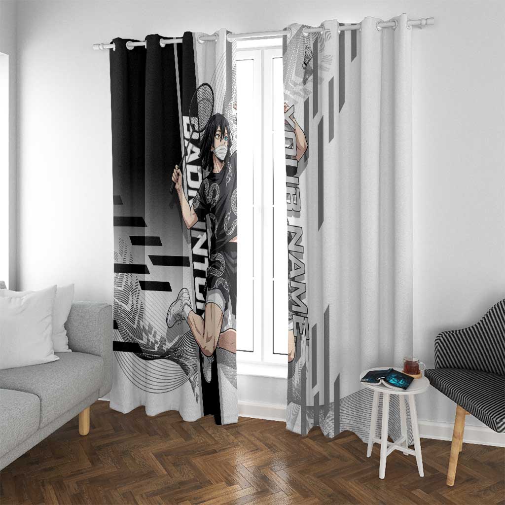 Personalized Obanai Iguro Demon Slayer Badminton Window Curtain with Racket Action Pose and Black White Graphic Design - The Mazicc