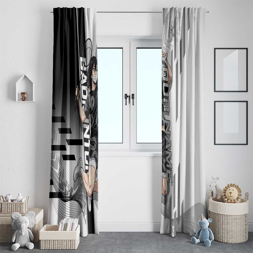 Personalized Obanai Iguro Demon Slayer Badminton Window Curtain with Racket Action Pose and Black White Graphic Design - The Mazicc