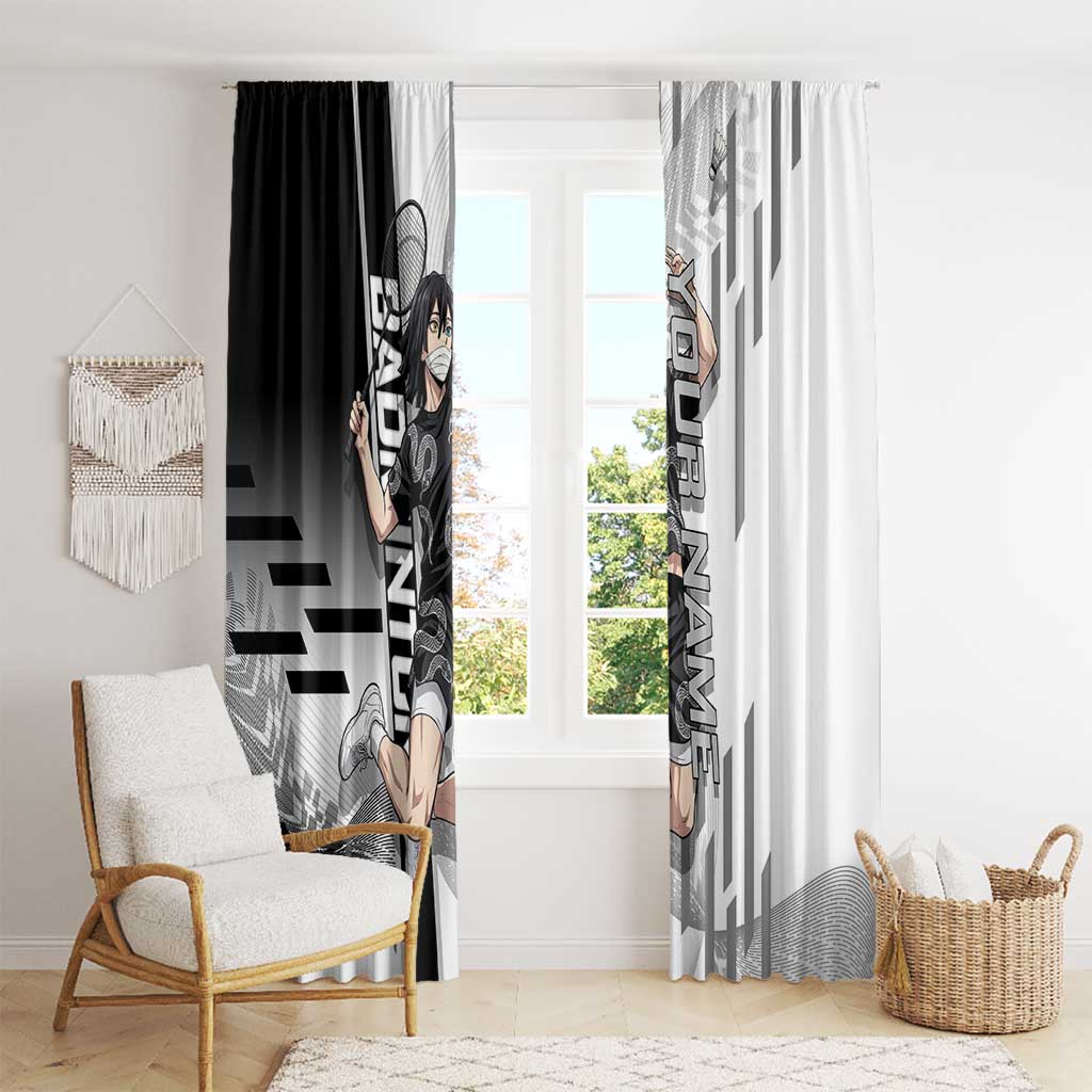 Personalized Obanai Iguro Demon Slayer Badminton Window Curtain with Racket Action Pose and Black White Graphic Design - The Mazicc