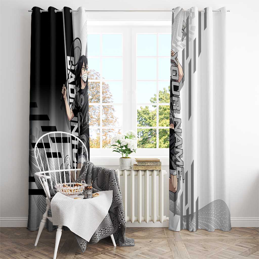 Personalized Obanai Iguro Demon Slayer Badminton Window Curtain with Racket Action Pose and Black White Graphic Design - The Mazicc