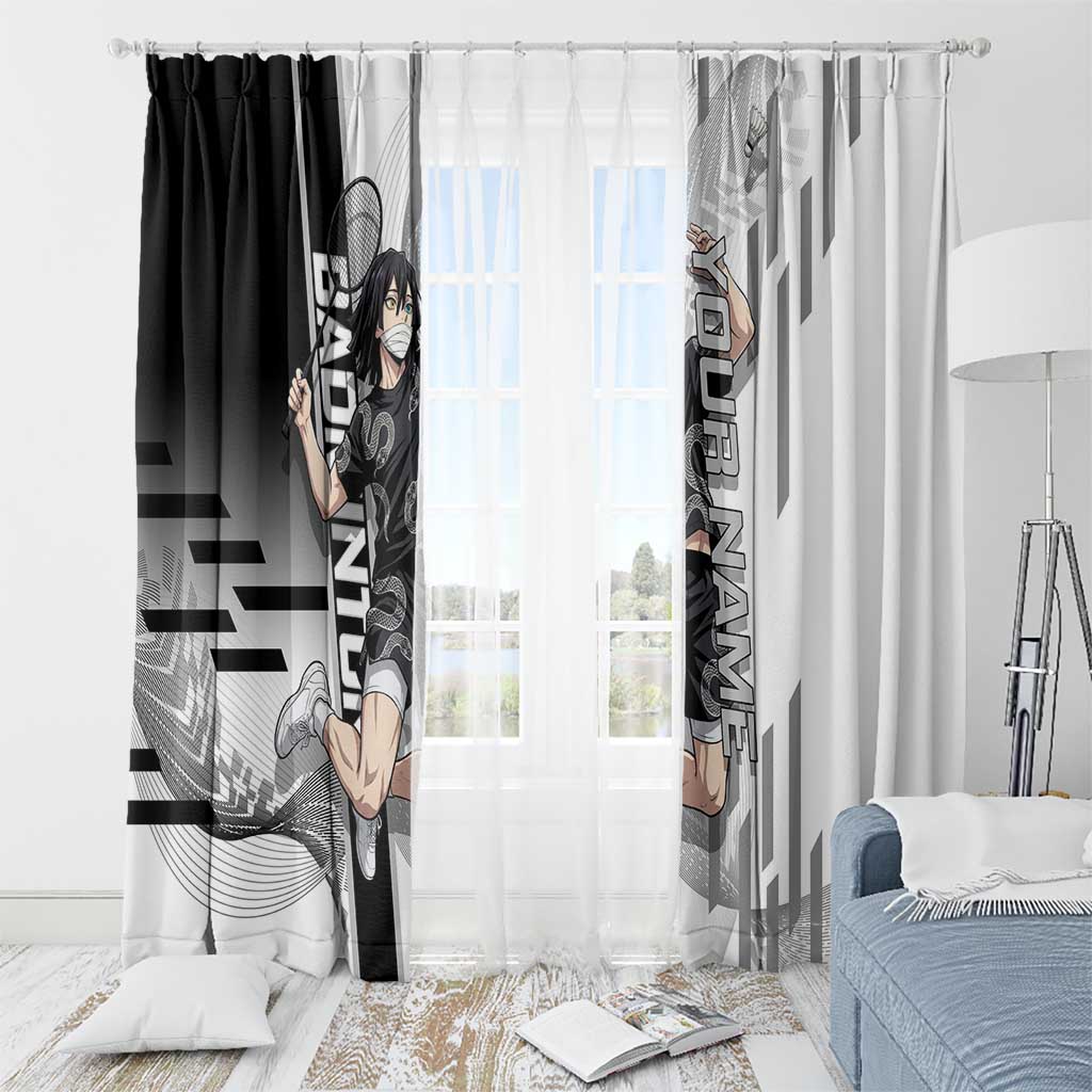 Personalized Obanai Iguro Demon Slayer Badminton Window Curtain with Racket Action Pose and Black White Graphic Design - The Mazicc