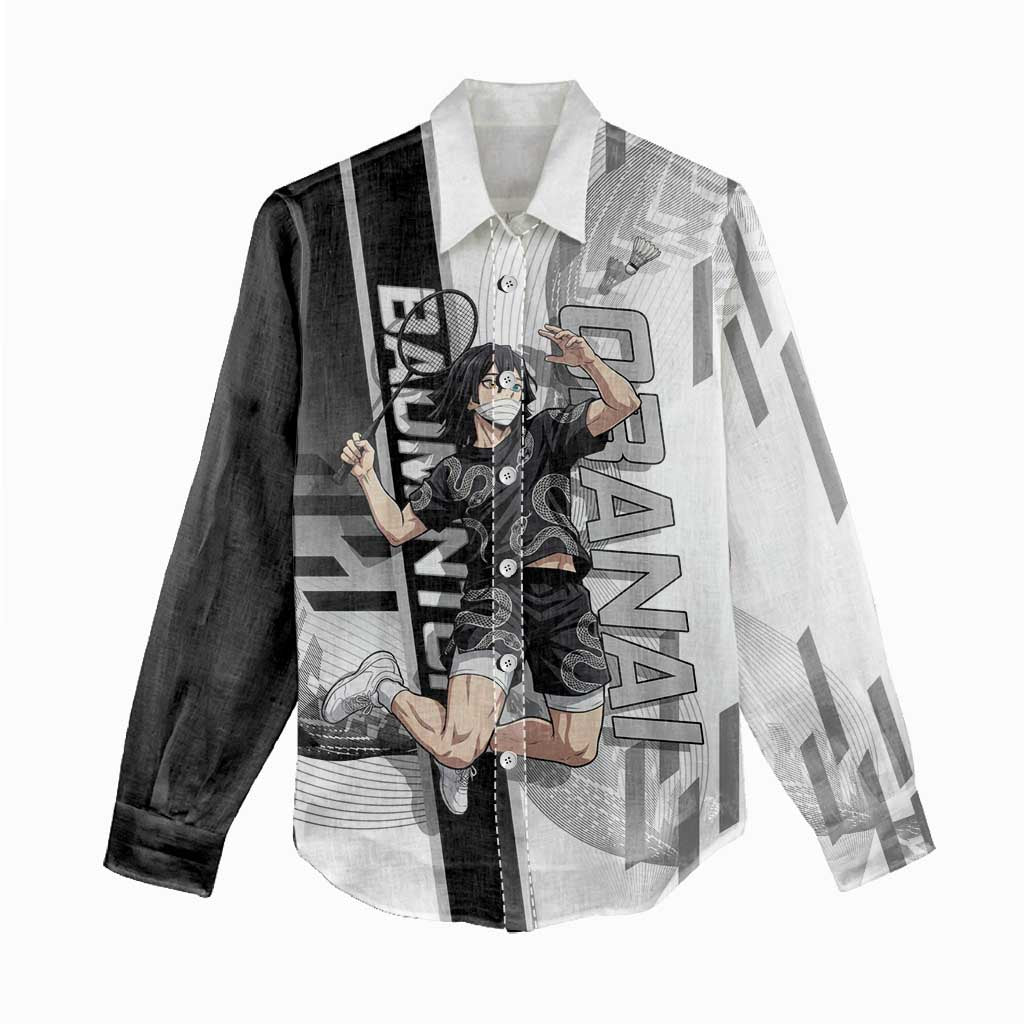 Personalized Obanai Iguro Demon Slayer Badminton Women Casual Shirt with Racket Action Pose and Black White Graphic Design - The Mazicc