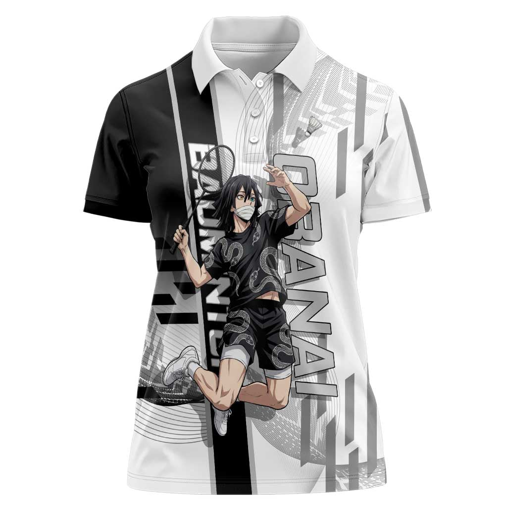Personalized Obanai Iguro Demon Slayer Badminton Women Polo Shirt with Racket Action Pose and Black White Graphic Design - The Mazicc