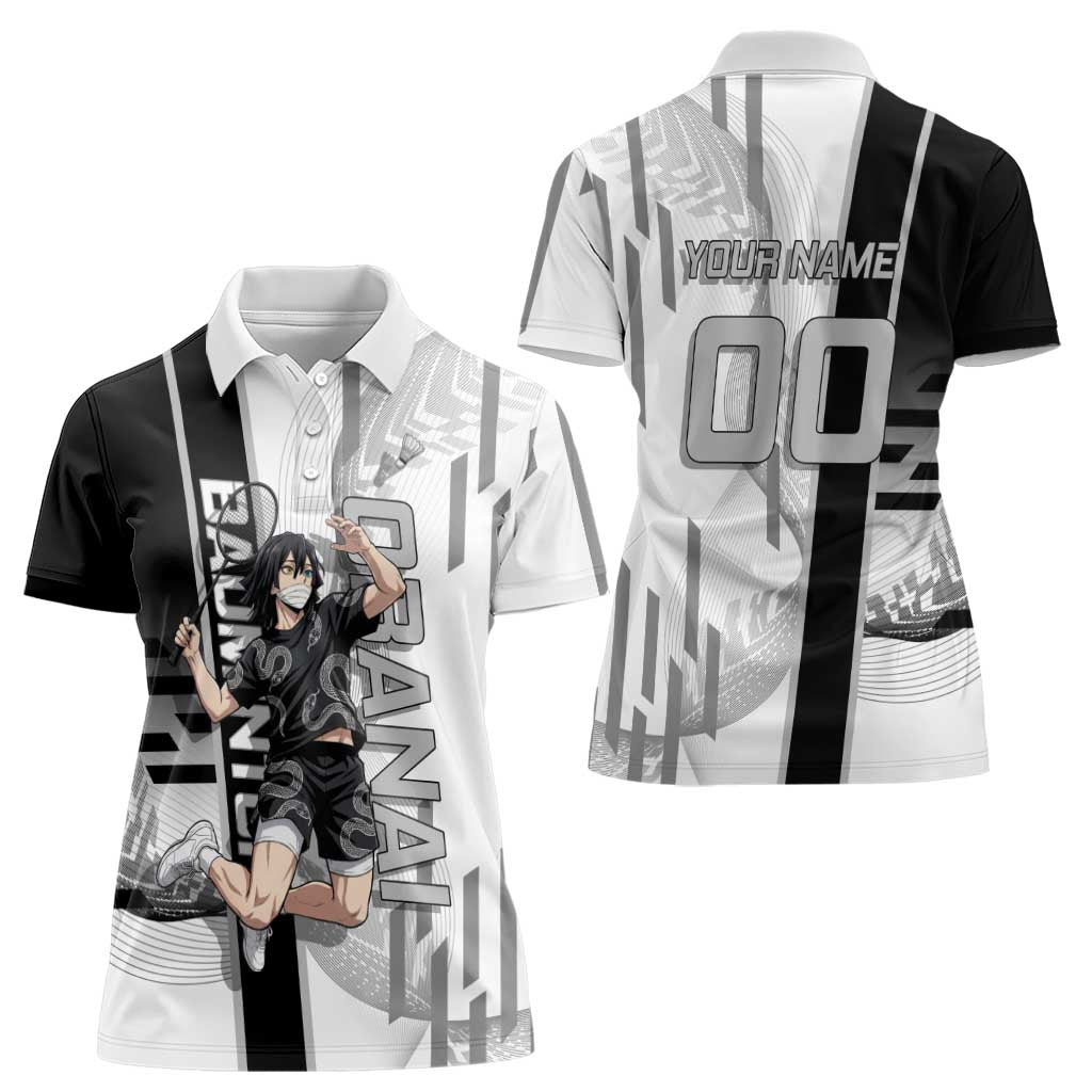 Personalized Obanai Iguro Demon Slayer Badminton Women Polo Shirt with Racket Action Pose and Black White Graphic Design - The Mazicc