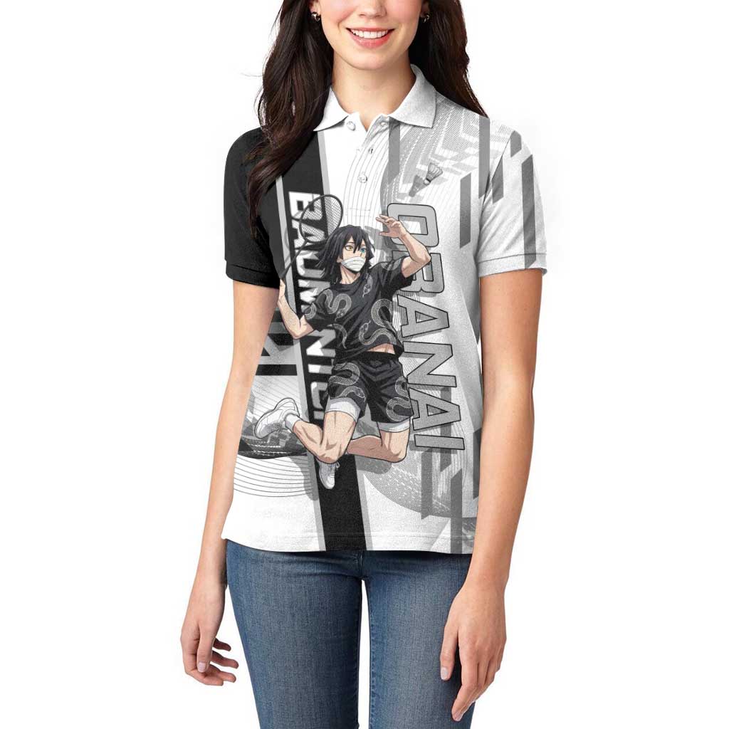 Personalized Obanai Iguro Demon Slayer Badminton Women Polo Shirt with Racket Action Pose and Black White Graphic Design - The Mazicc