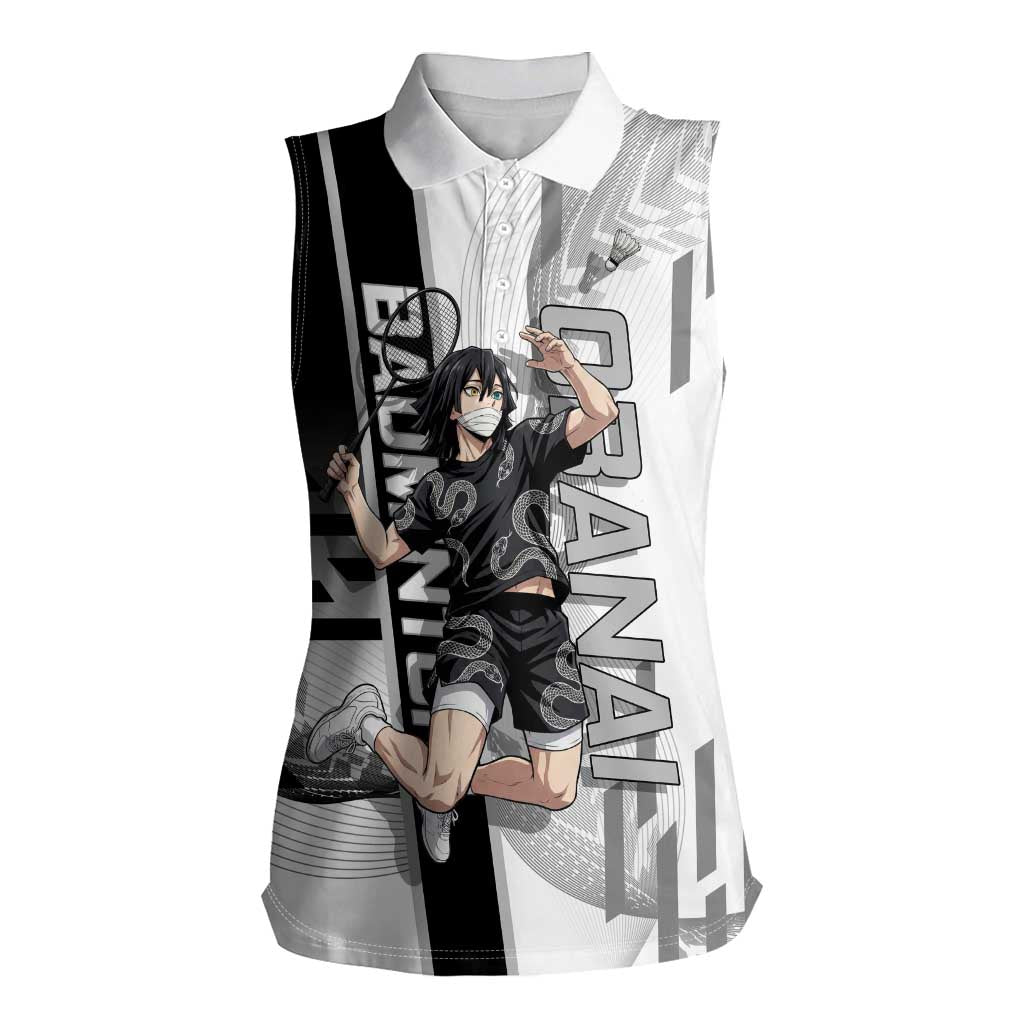 Personalized Obanai Iguro Demon Slayer Badminton Women Sleeveless Polo Shirt with Racket Action Pose and Black White Graphic Design - The Mazicc