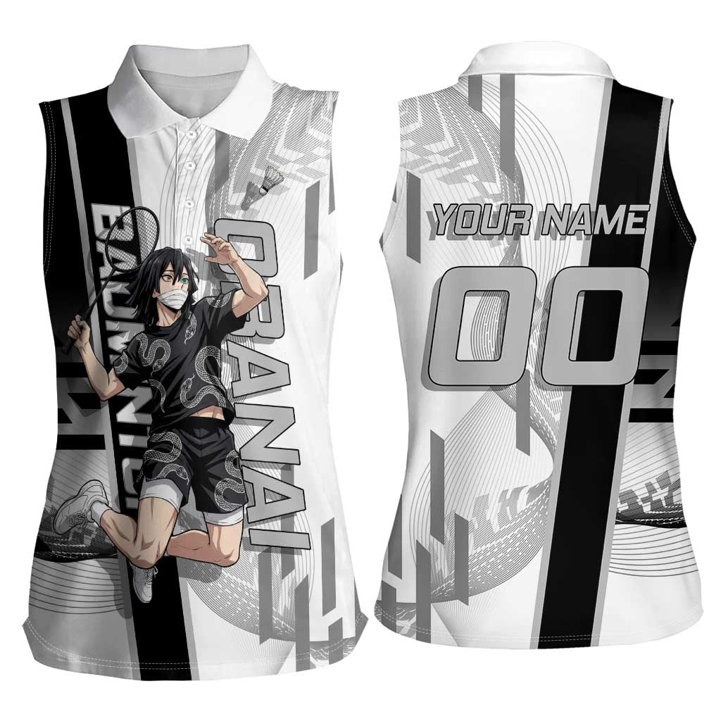 Personalized Obanai Iguro Demon Slayer Badminton Women Sleeveless Polo Shirt with Racket Action Pose and Black White Graphic Design - The Mazicc