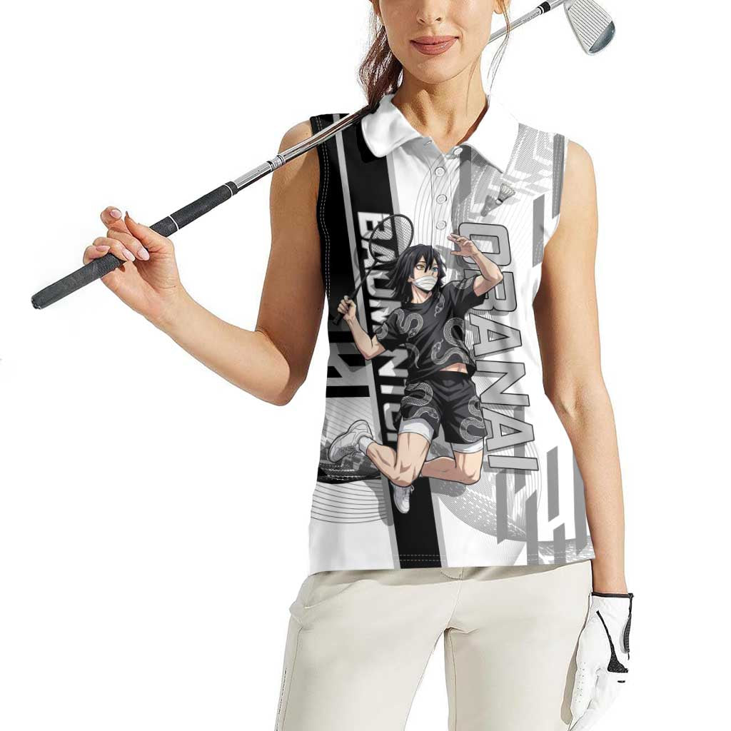 Personalized Obanai Iguro Demon Slayer Badminton Women Sleeveless Polo Shirt with Racket Action Pose and Black White Graphic Design - The Mazicc