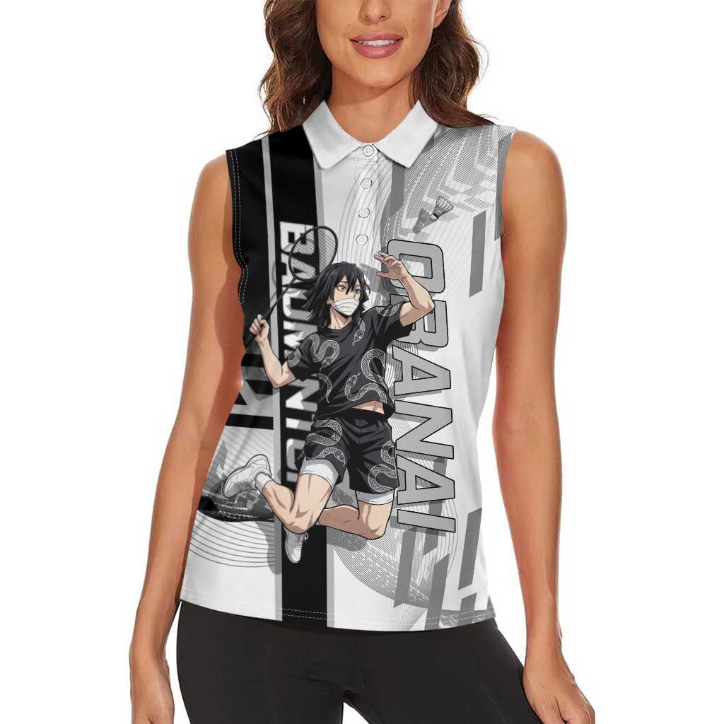Personalized Obanai Iguro Demon Slayer Badminton Women Sleeveless Polo Shirt with Racket Action Pose and Black White Graphic Design - The Mazicc
