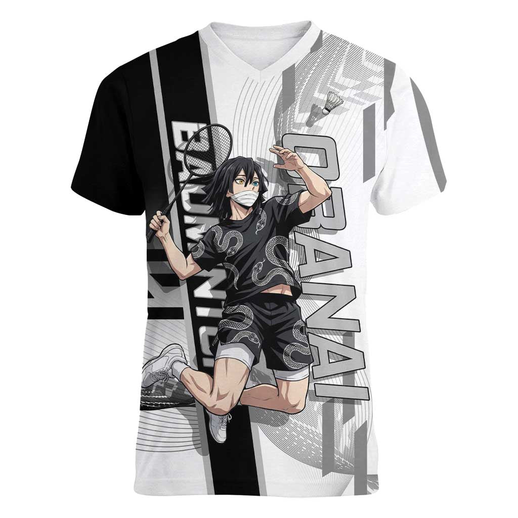 Personalized Obanai Iguro Demon Slayer Badminton Women V-Neck T-Shirt with Racket Action Pose and Black White Graphic Design - The Mazicc