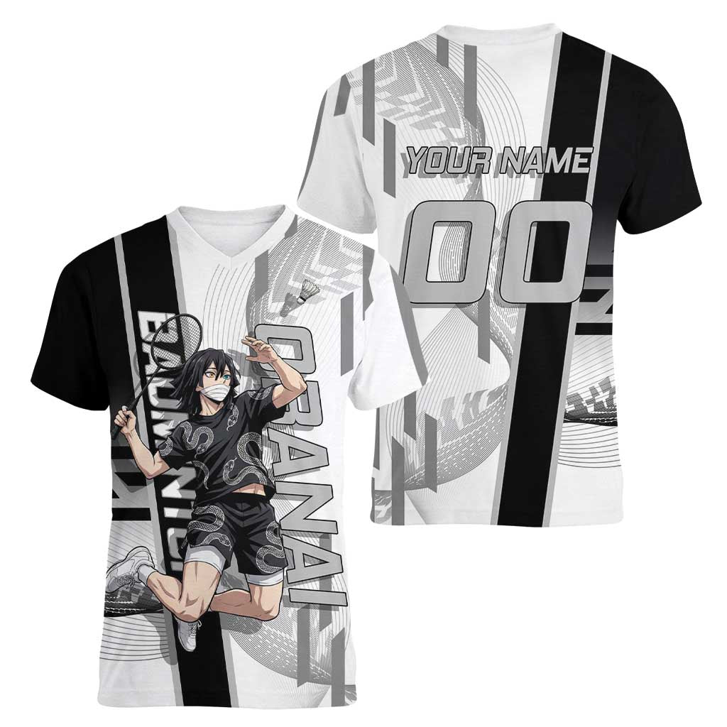 Personalized Obanai Iguro Demon Slayer Badminton Women V-Neck T-Shirt with Racket Action Pose and Black White Graphic Design - The Mazicc