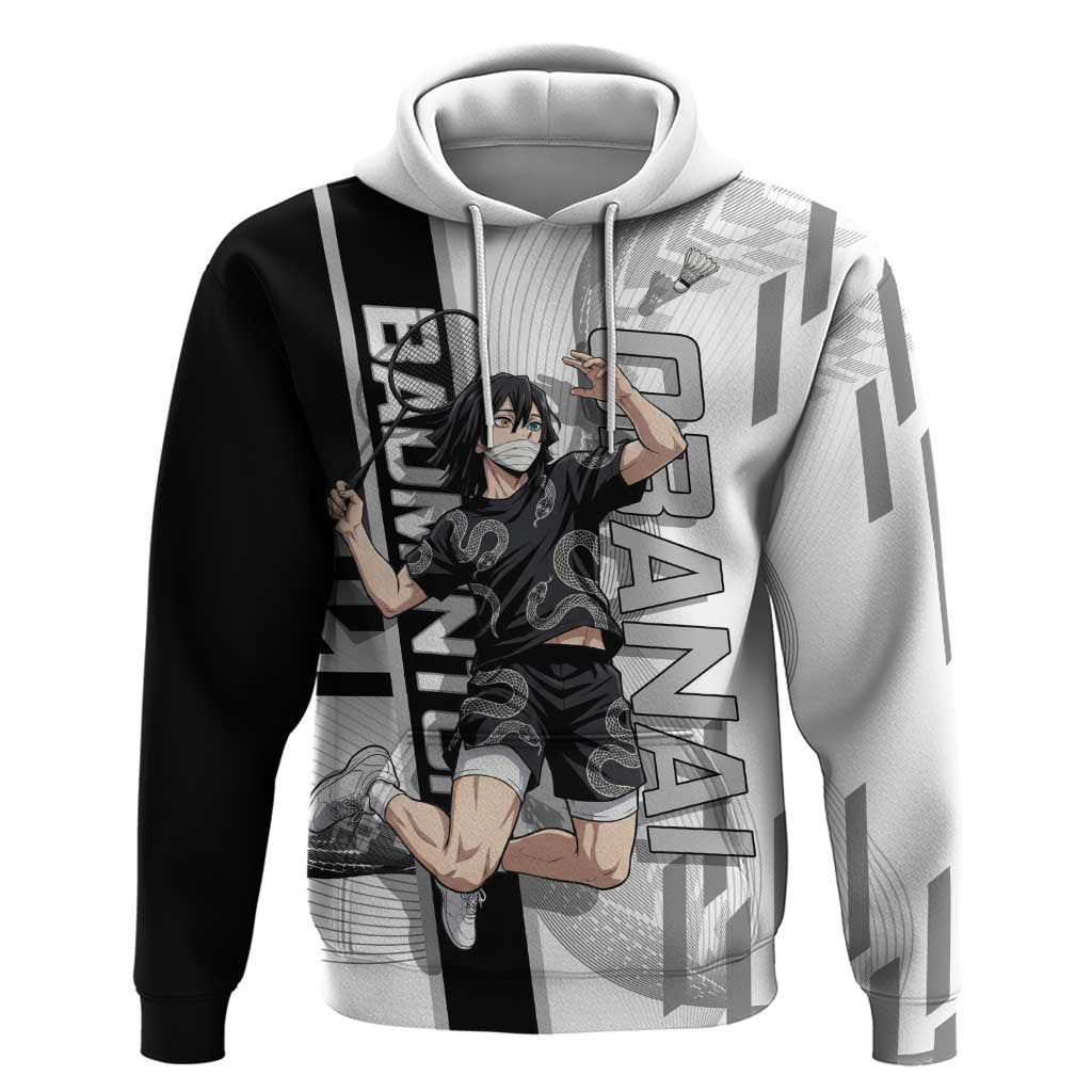 Personalized Obanai Iguro Demon Slayer Badminton Zip Hoodie with Racket Action Pose and Black White Graphic Design - The Mazicc