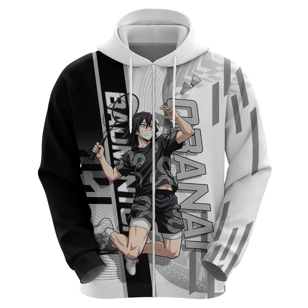Personalized Obanai Iguro Demon Slayer Badminton Zip Hoodie with Racket Action Pose and Black White Graphic Design - The Mazicc
