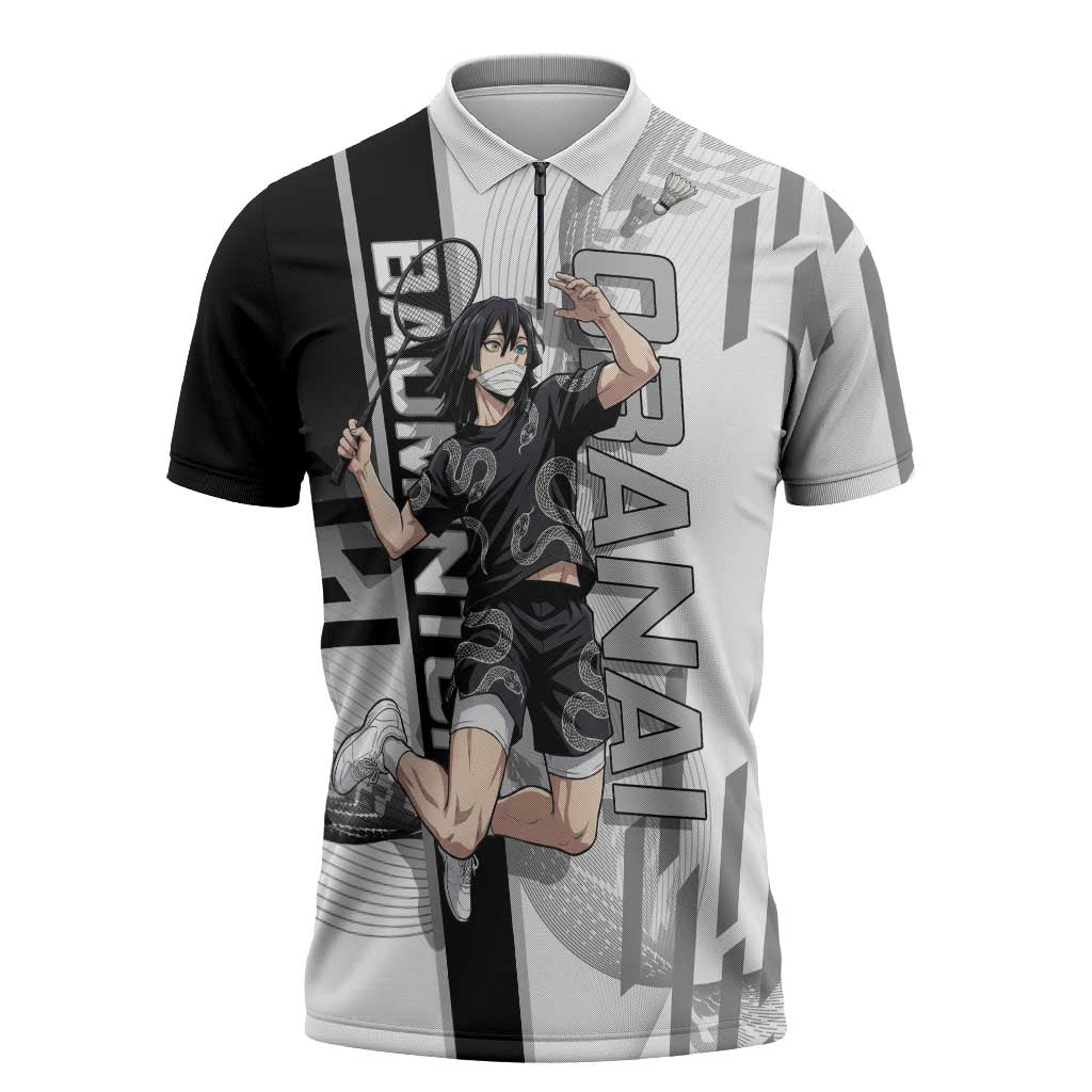 Personalized Obanai Iguro Demon Slayer Badminton Zipper Polo Shirt with Racket Action Pose and Black White Graphic Design - The Mazicc