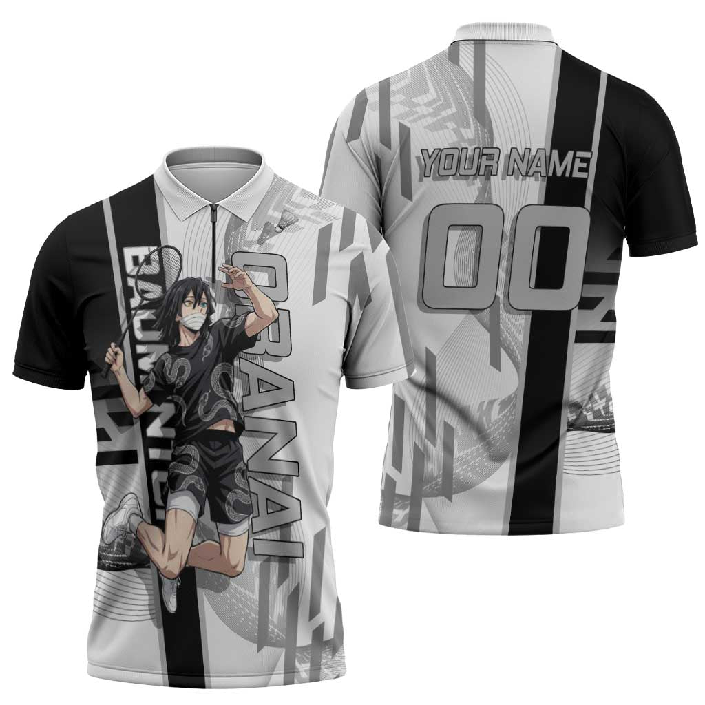 Personalized Obanai Iguro Demon Slayer Badminton Zipper Polo Shirt with Racket Action Pose and Black White Graphic Design - The Mazicc