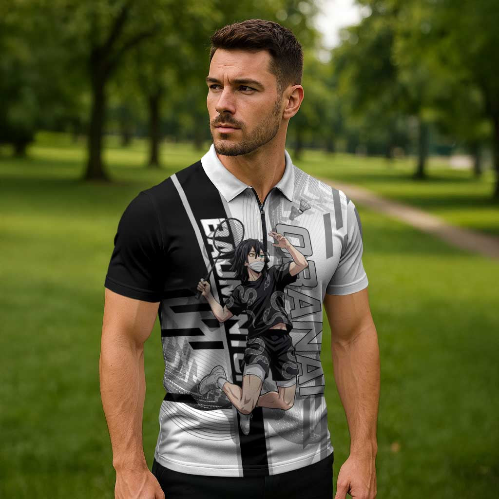 Personalized Obanai Iguro Demon Slayer Badminton Zipper Polo Shirt with Racket Action Pose and Black White Graphic Design - The Mazicc