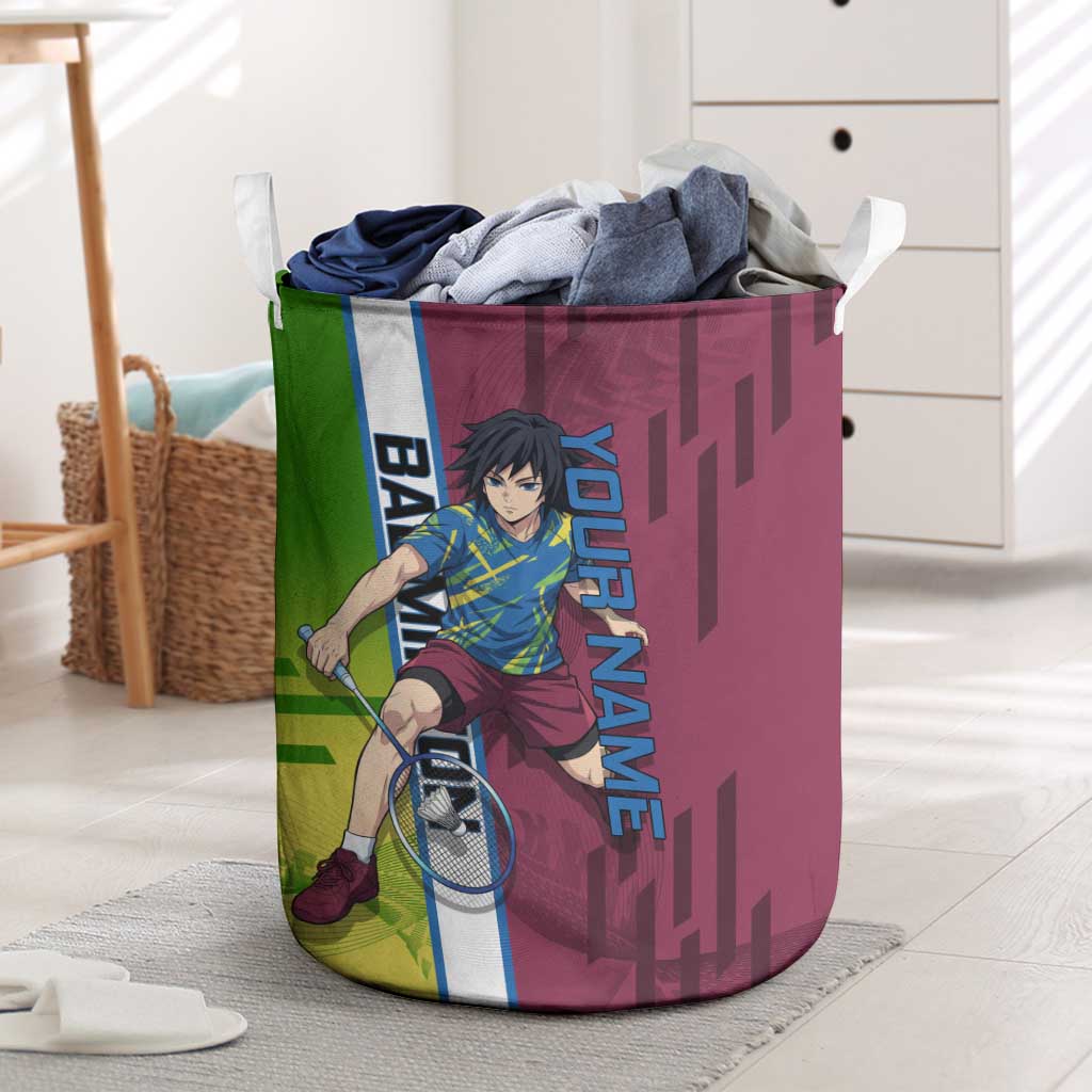 Personalized Giyuu Tomioka Demon Slayer Badminton Theme Laundry Basket with Racket Action Pose and Tricolor Graphic Design - The Mazicc