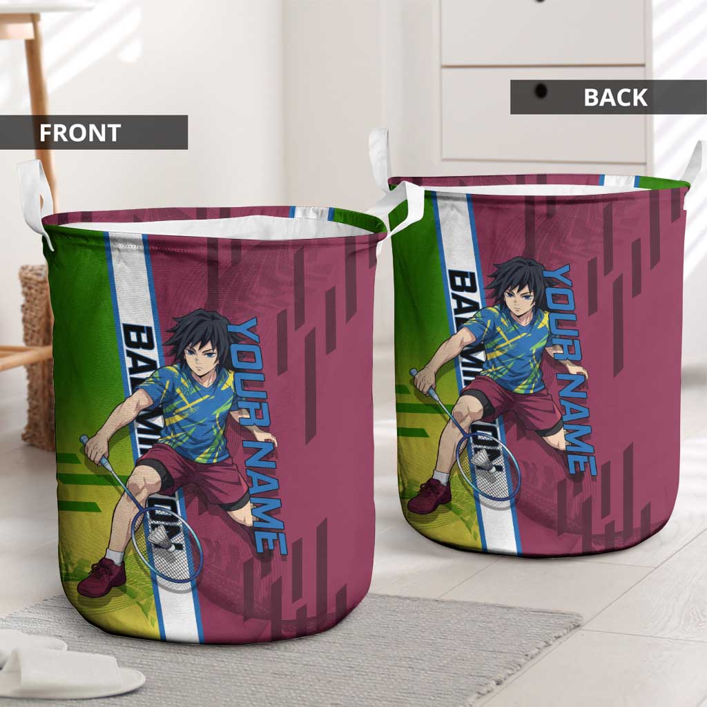 Personalized Giyuu Tomioka Demon Slayer Badminton Theme Laundry Basket with Racket Action Pose and Tricolor Graphic Design - The Mazicc