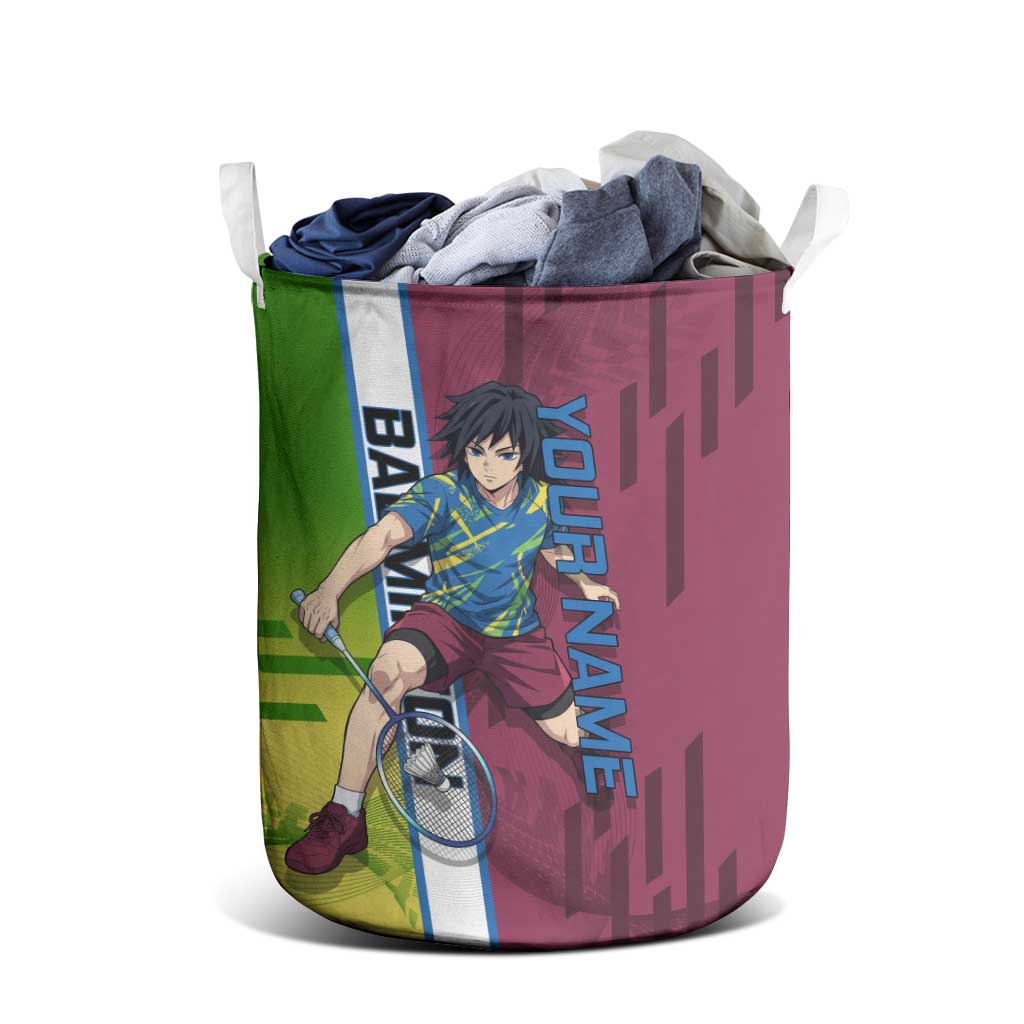 Personalized Giyuu Tomioka Demon Slayer Badminton Theme Laundry Basket with Racket Action Pose and Tricolor Graphic Design - The Mazicc