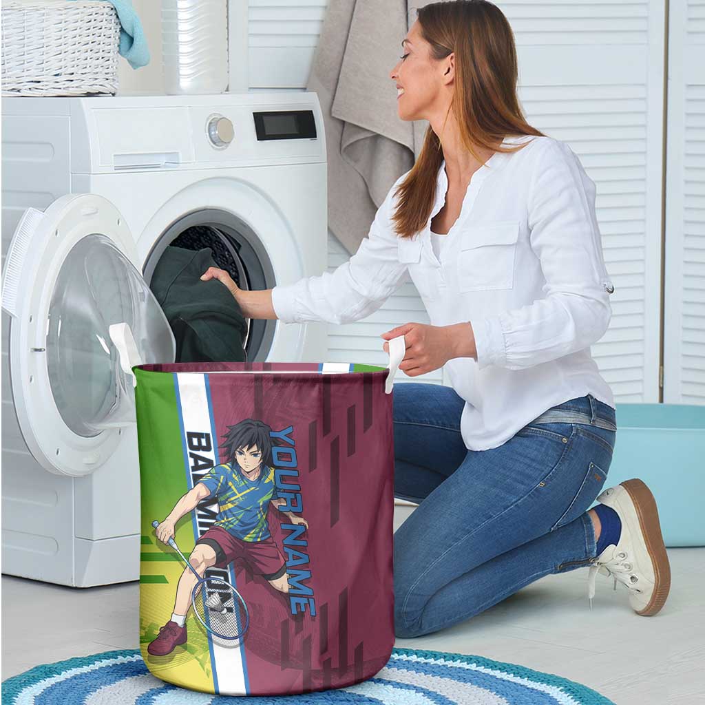 Personalized Giyuu Tomioka Demon Slayer Badminton Theme Laundry Basket with Racket Action Pose and Tricolor Graphic Design - The Mazicc
