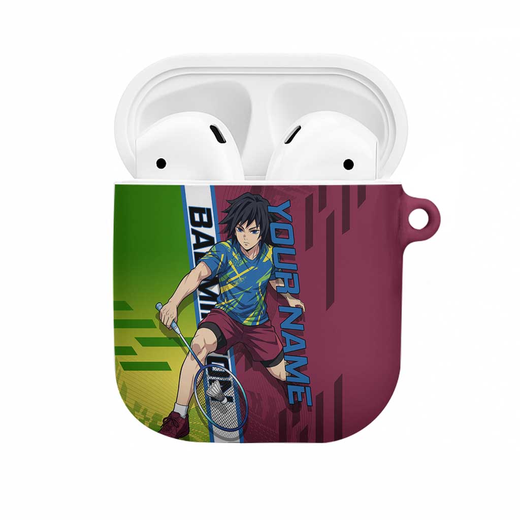 Personalized Giyuu Tomioka Demon Slayer Badminton Theme AirPods Case with Racket Action Pose and Tricolor Graphic Design - The Mazicc