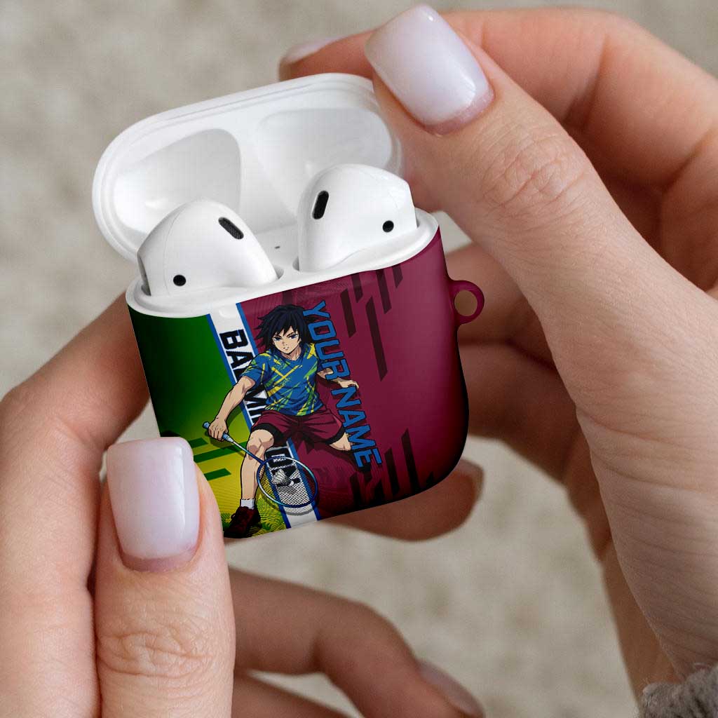 Personalized Giyuu Tomioka Demon Slayer Badminton Theme AirPods Case with Racket Action Pose and Tricolor Graphic Design - The Mazicc
