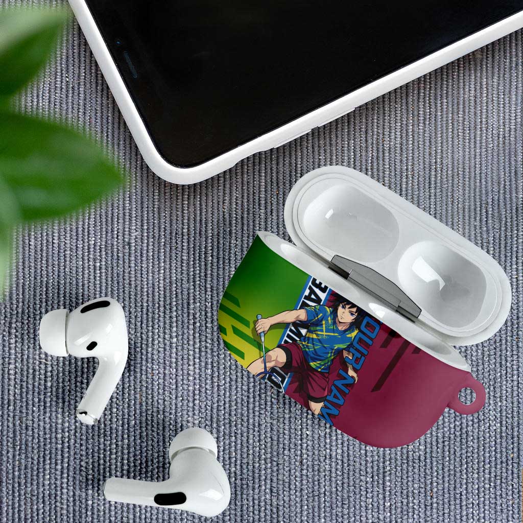 Personalized Giyuu Tomioka Demon Slayer Badminton Theme AirPods Case with Racket Action Pose and Tricolor Graphic Design - The Mazicc