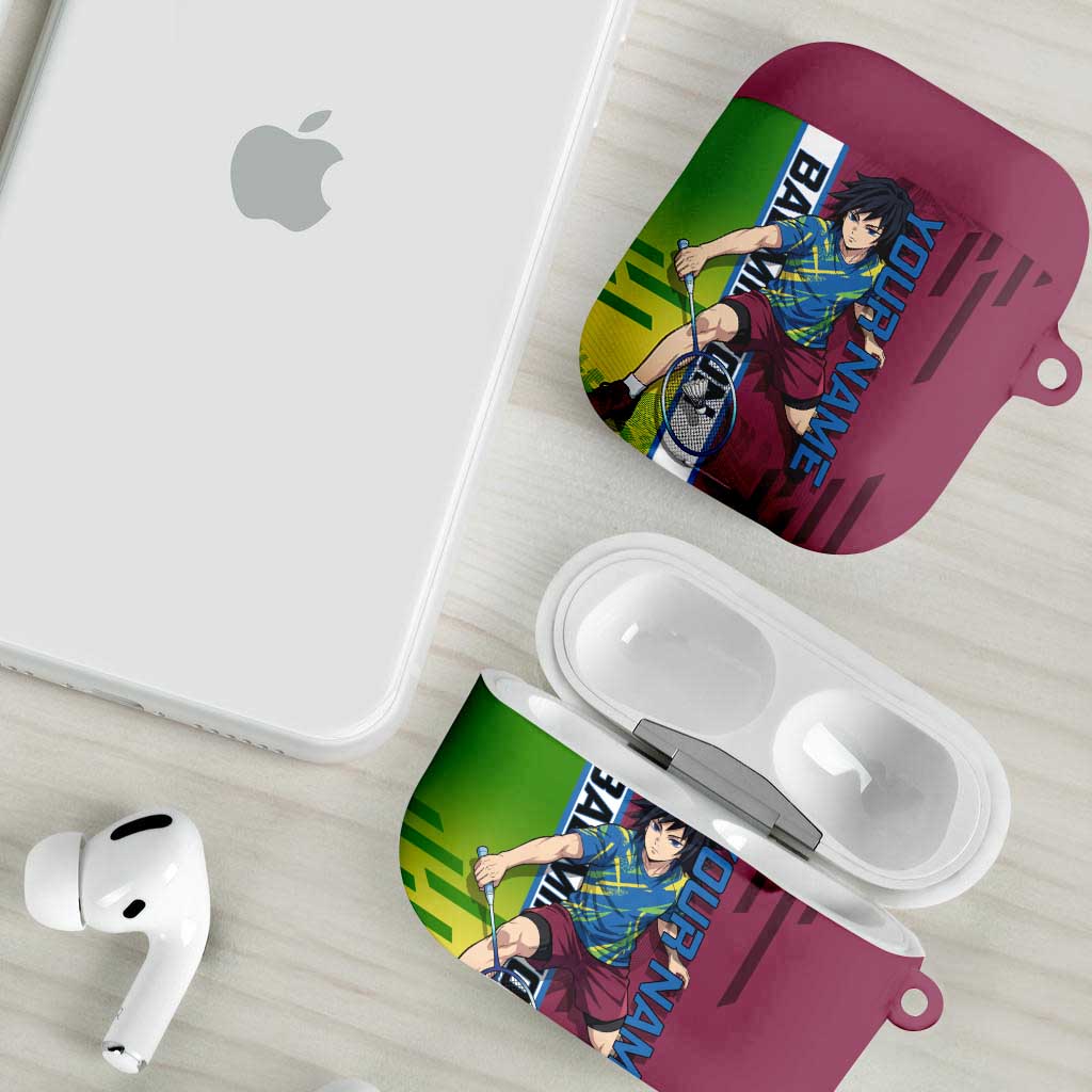Personalized Giyuu Tomioka Demon Slayer Badminton Theme AirPods Case with Racket Action Pose and Tricolor Graphic Design - The Mazicc