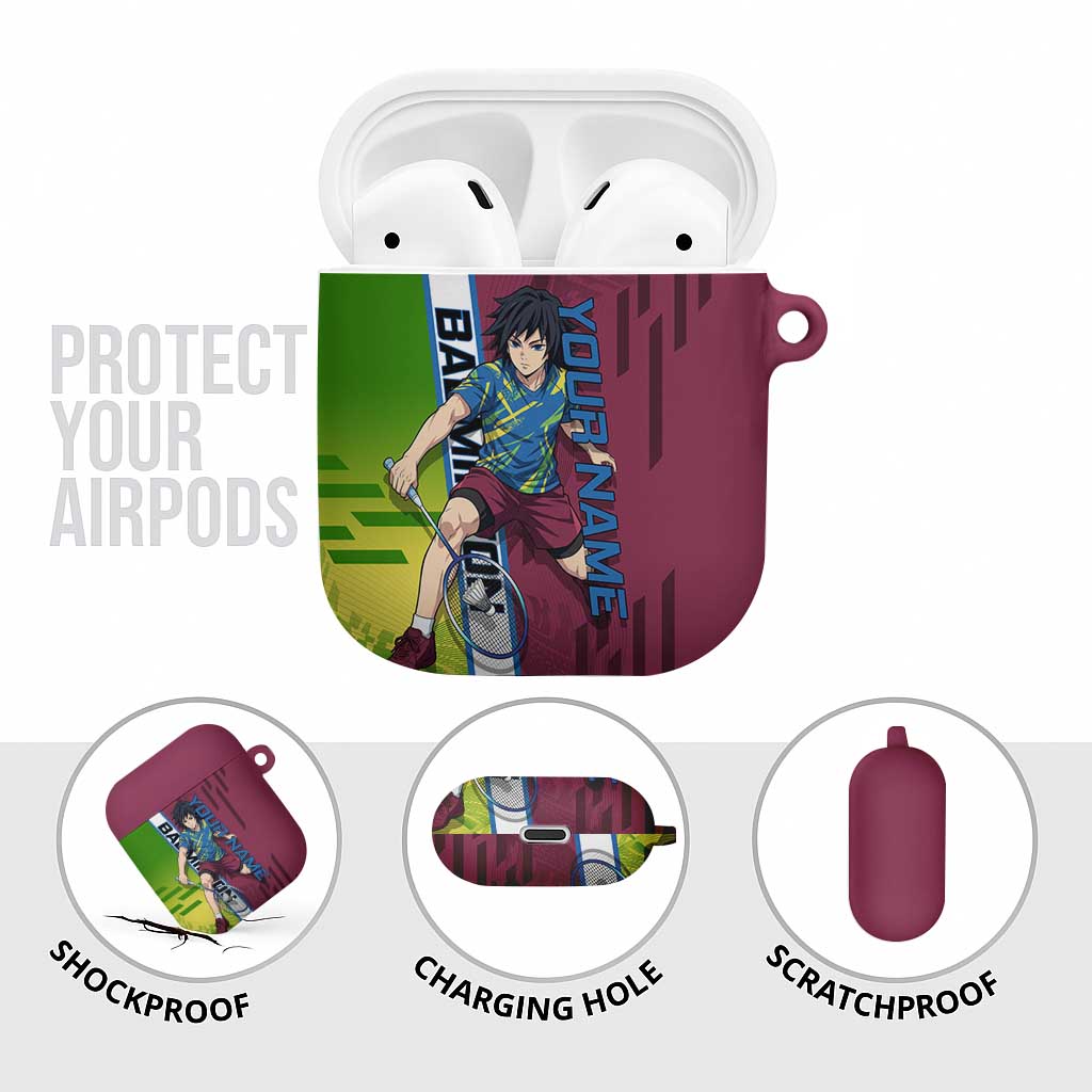 Personalized Giyuu Tomioka Demon Slayer Badminton Theme AirPods Case with Racket Action Pose and Tricolor Graphic Design - The Mazicc