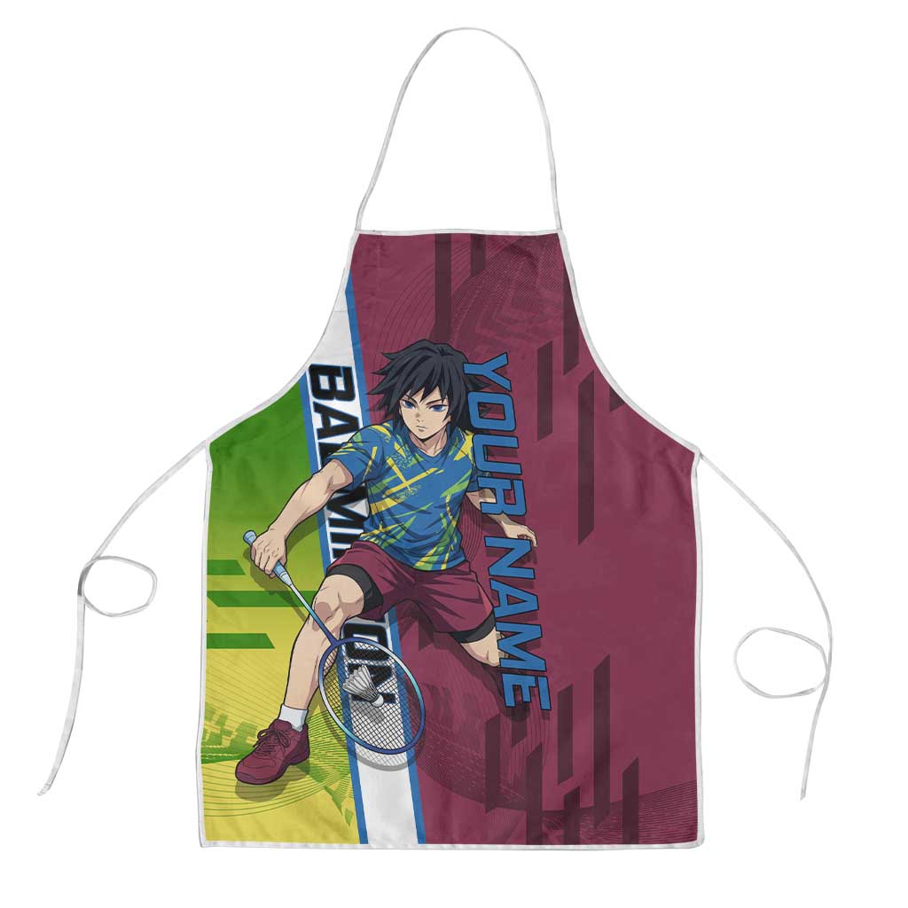 Personalized Giyuu Tomioka Demon Slayer Badminton Theme Apron with Racket Action Pose and Tricolor Graphic Design - The Mazicc