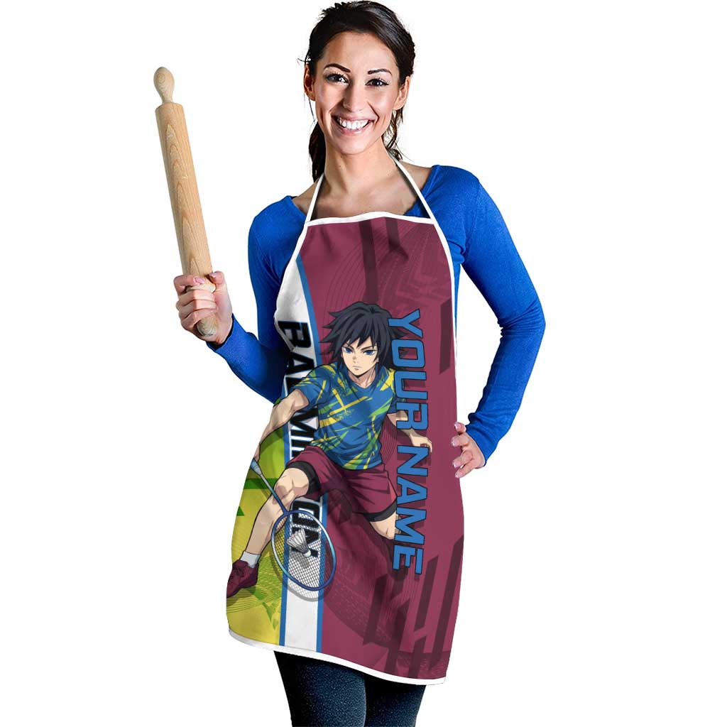 Personalized Giyuu Tomioka Demon Slayer Badminton Theme Apron with Racket Action Pose and Tricolor Graphic Design - The Mazicc