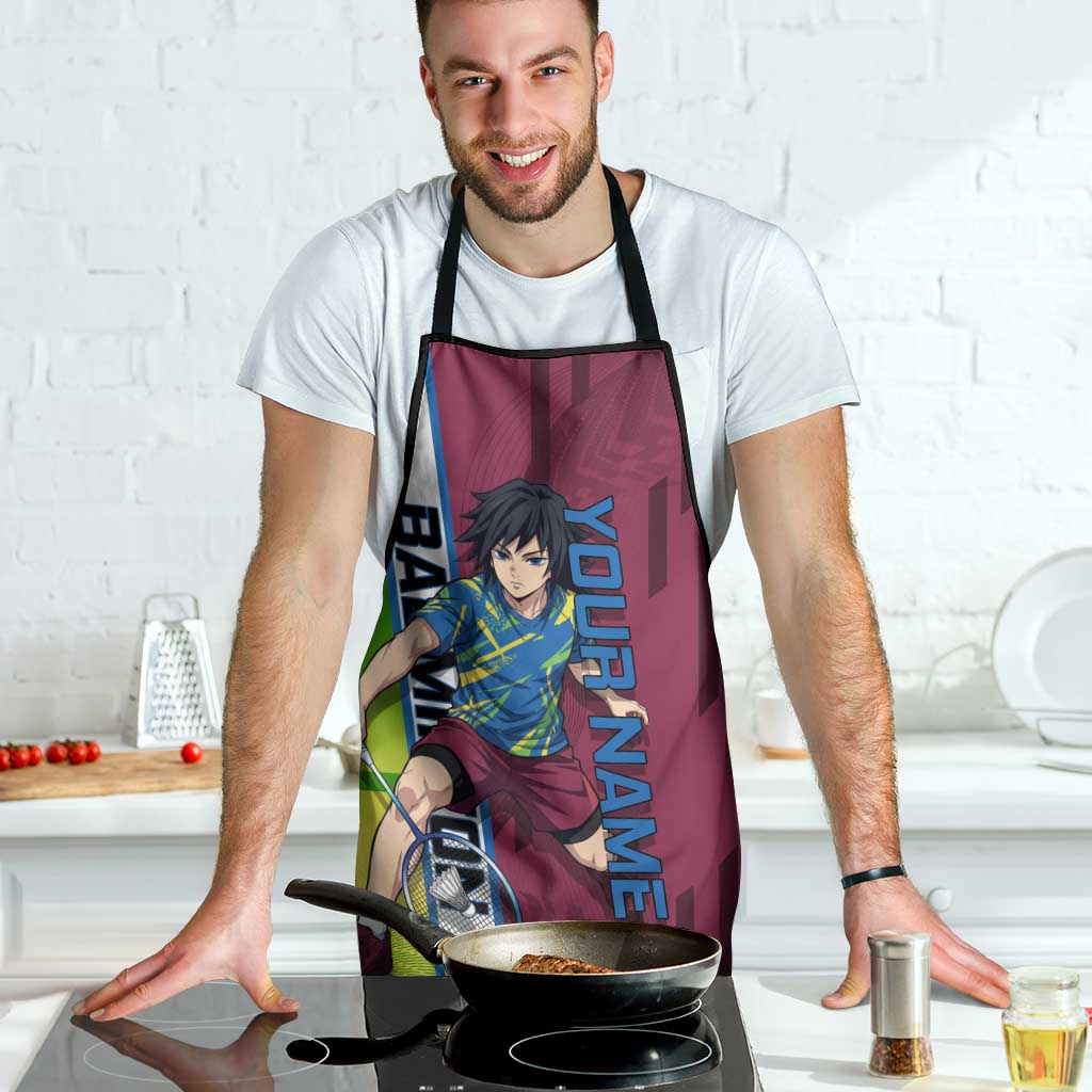 Personalized Giyuu Tomioka Demon Slayer Badminton Theme Apron with Racket Action Pose and Tricolor Graphic Design - The Mazicc