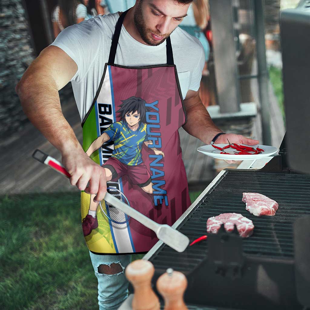 Personalized Giyuu Tomioka Demon Slayer Badminton Theme Apron with Racket Action Pose and Tricolor Graphic Design - The Mazicc