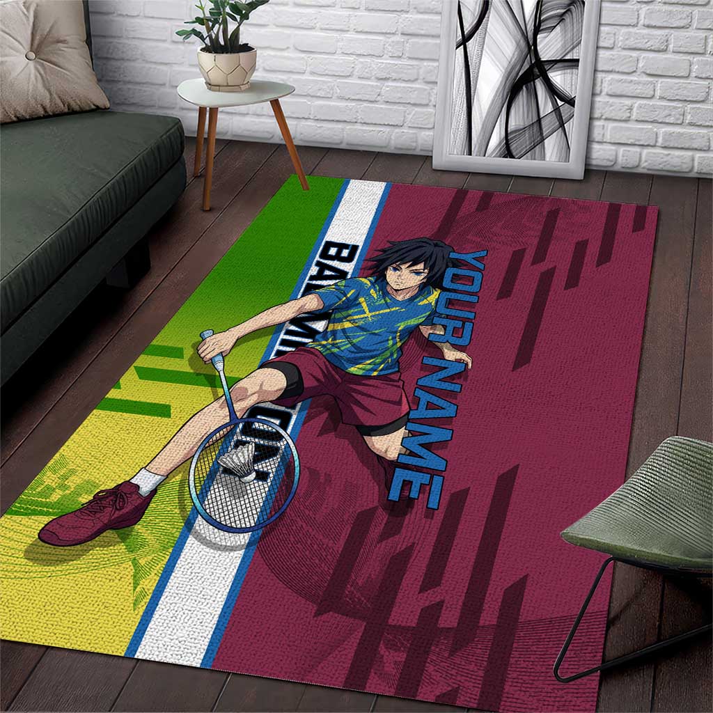 Personalized Giyuu Tomioka Demon Slayer Badminton Theme Area Rug with Racket Action Pose and Tricolor Graphic Design - The Mazicc