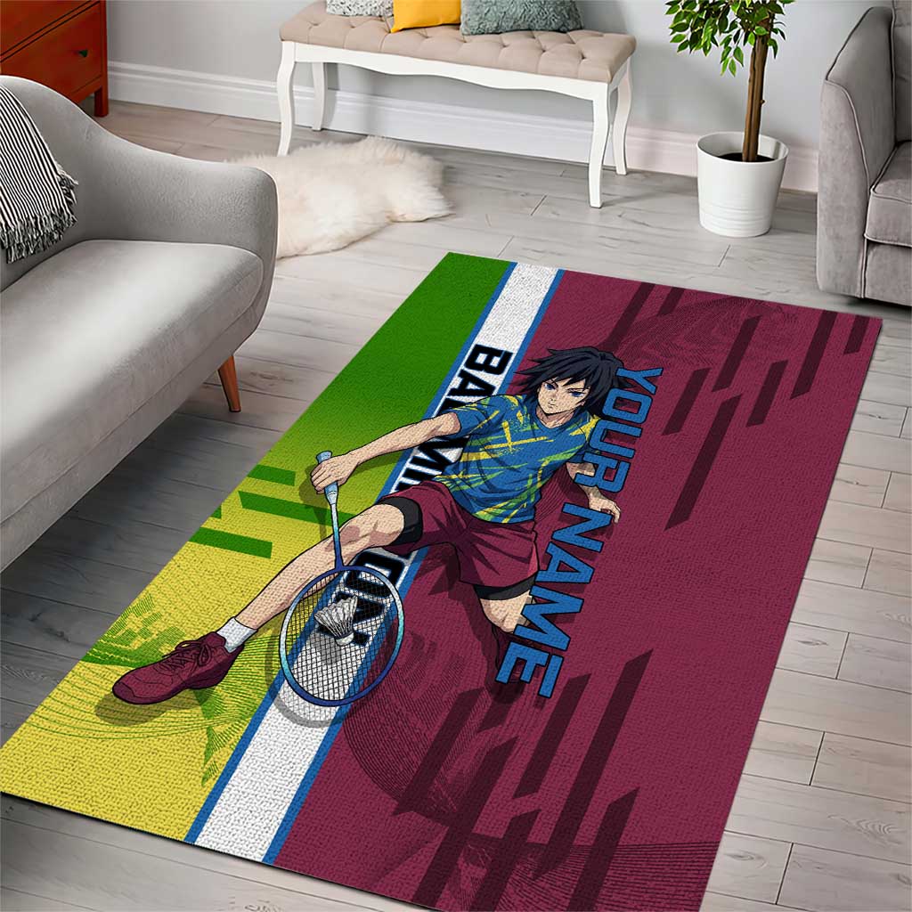Personalized Giyuu Tomioka Demon Slayer Badminton Theme Area Rug with Racket Action Pose and Tricolor Graphic Design - The Mazicc