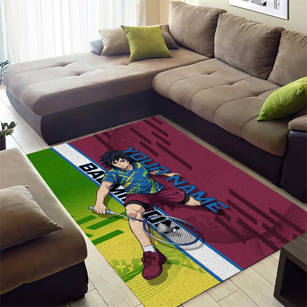 Personalized Giyuu Tomioka Demon Slayer Badminton Theme Area Rug with Racket Action Pose and Tricolor Graphic Design - The Mazicc