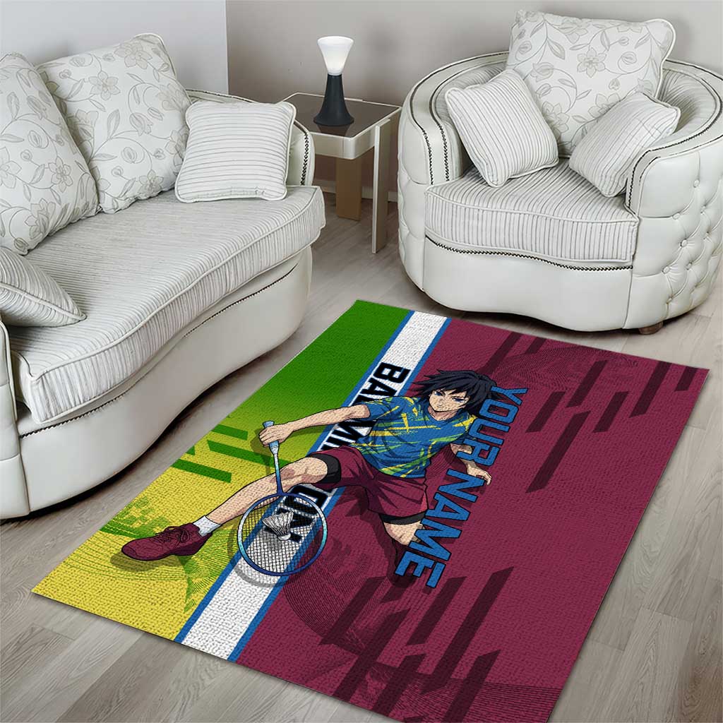 Personalized Giyuu Tomioka Demon Slayer Badminton Theme Area Rug with Racket Action Pose and Tricolor Graphic Design - The Mazicc