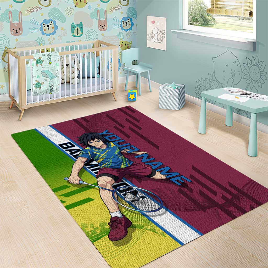 Personalized Giyuu Tomioka Demon Slayer Badminton Theme Area Rug with Racket Action Pose and Tricolor Graphic Design - The Mazicc