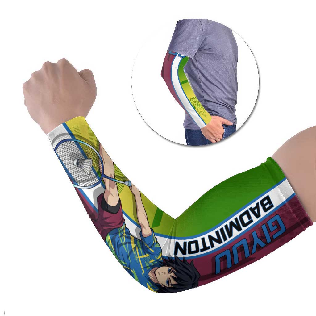 Personalized Giyuu Tomioka Demon Slayer Badminton Theme Arm Sleeves with Racket Action Pose and Tricolor Graphic Design - The Mazicc