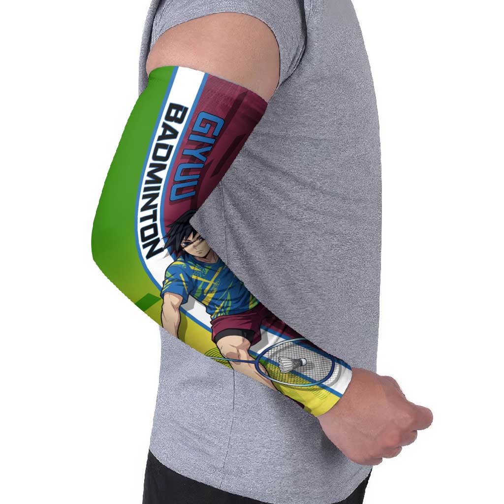 Personalized Giyuu Tomioka Demon Slayer Badminton Theme Arm Sleeves with Racket Action Pose and Tricolor Graphic Design - The Mazicc