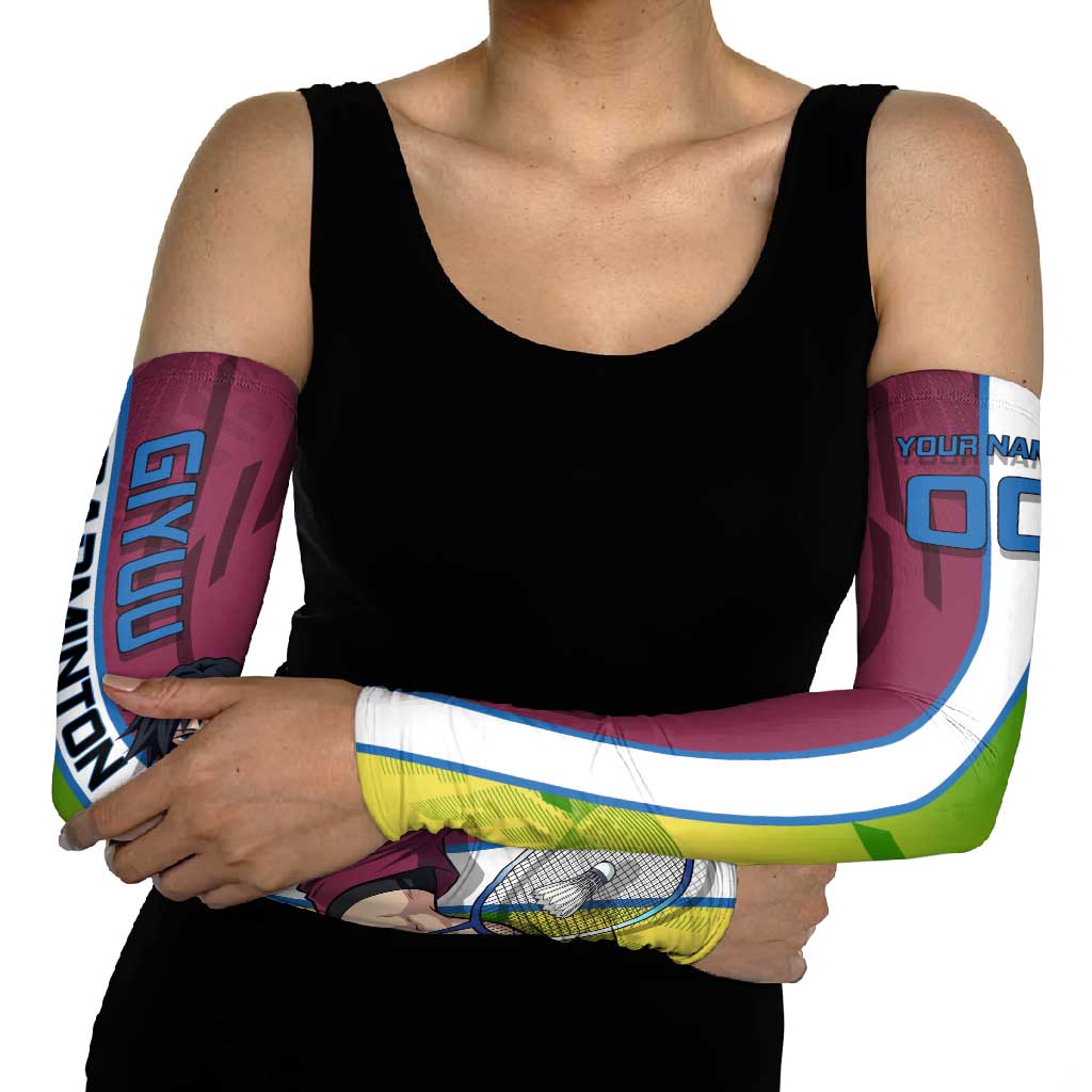 Personalized Giyuu Tomioka Demon Slayer Badminton Theme Arm Sleeves with Racket Action Pose and Tricolor Graphic Design - The Mazicc