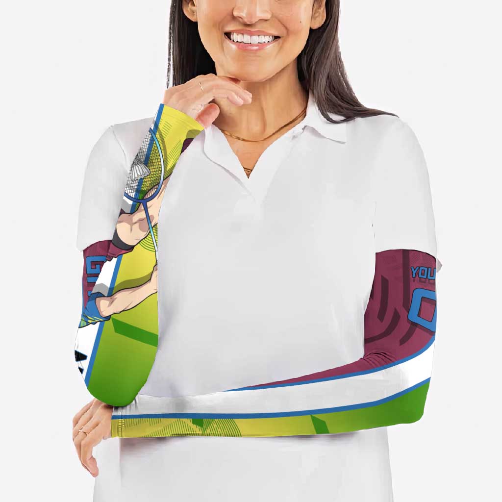 Personalized Giyuu Tomioka Demon Slayer Badminton Theme Arm Sleeves with Racket Action Pose and Tricolor Graphic Design - The Mazicc